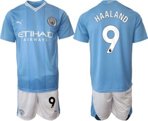 Erling Haaland #9 Manchester City Voetbalshirts Thuis tenue 2023-24 Korte Mouw (+ Korte broeken)