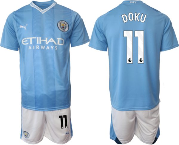 Jeremy Doku #11 Manchester City Voetbalshirts Thuis tenue 2023-24 Korte Mouw (+ Korte broeken)