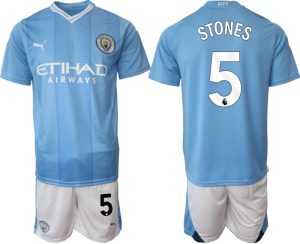 John Stones #5 Manchester City Voetbalshirts Thuis tenue 2023-24 Korte Mouw (+ Korte broeken)