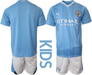 Manchester City Voetbalshirts Thuis tenue 2023-24 Kids Korte Mouw (+ Korte broeken)