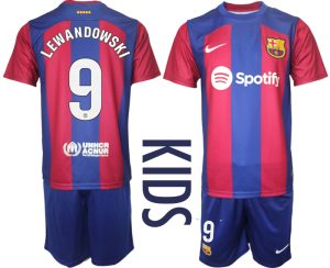 Robert Lewandowski #9 Barcelona Voetbalshirts Thuis tenue 2023-24 Kids Korte Mouw (+ Korte broeken)