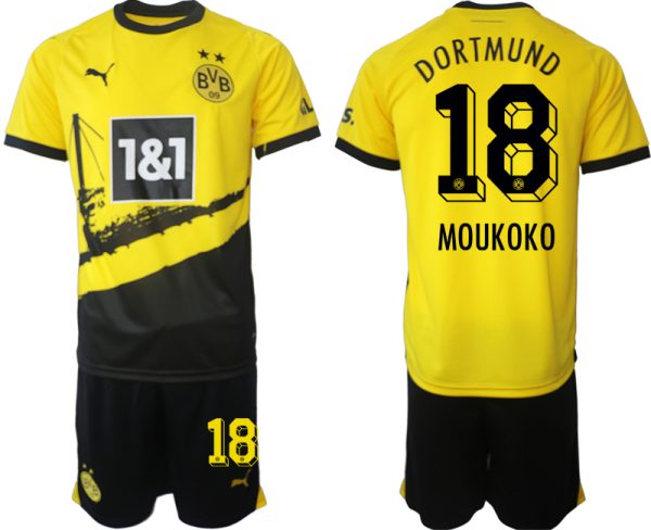 Youssoufa Moukoko #18 Borussia Dortmund Voetbalshirts Thuis tenue 2023-24 Korte Mouw (+ Korte broeken)