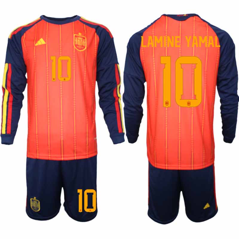 Spanje WK 2026 Thuistenue voor Heren Lamine Yamal #10 Voetbalshirt met Lange Mouwen en Short Spanje WK 2026 Thuistenue voor Heren Lamine Yamal #10 Voetbalshirt met Lange Mouwen en Short