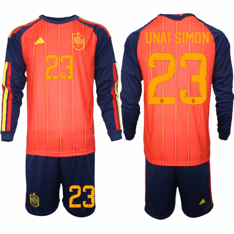Spanje WK 2026 Thuistenue voor Heren Unai Simón #23 Voetbalshirt met Lange Mouwen en Short Spanje WK 2026 Thuistenue voor Heren Unai Simón #23 Voetbalshirt met Lange Mouwen en Short