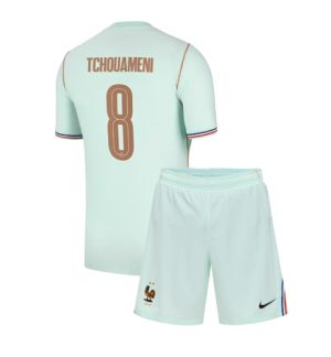 Frankrijk Aurelien Tchouameni #8 Uit tenue Kids WK 2026 Voetbalshirt + Shorts Set Frankrijk Aurelien Tchouameni #8 Uit tenue Kids WK 2026 Voetbalshirt + Shorts Set
